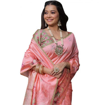 Women's Faux_Tussar Floral_Print Saree  (Peach)