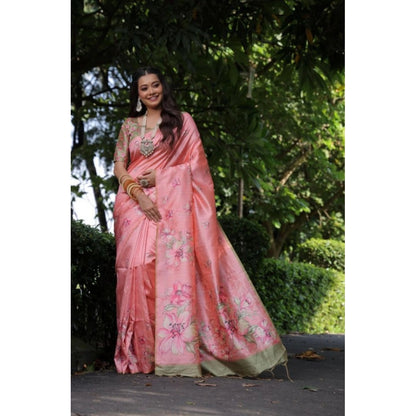 Women's Faux_Tussar Floral_Print Saree  (Peach)