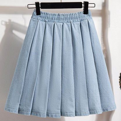 5XL Oversize Denim Skirts Women Lace Up Pleated Skirt Summer Elastic Waist Cute Soft Girl Frilly Loose Jeans Mini Skirt Culotte