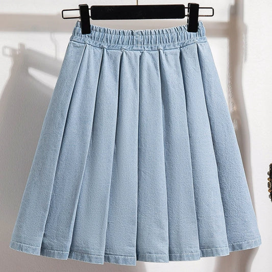 5XL Oversize Denim Skirts Women Lace Up Pleated Skirt Summer Elastic Waist Cute Soft Girl Frilly Loose Jeans Mini Skirt Culotte