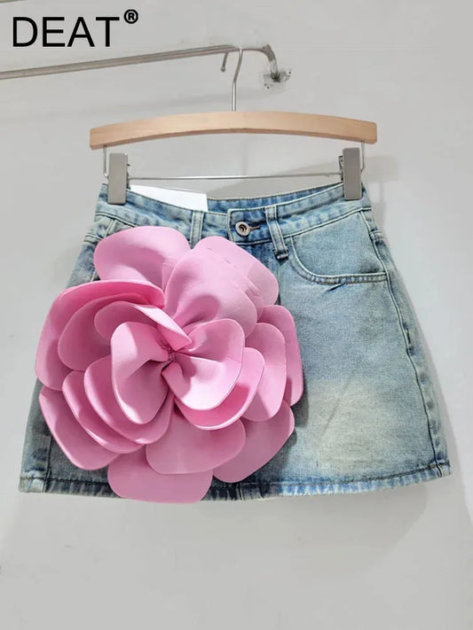 DEAT Vintage Fashion Women's Spliced Design Flower A-line Denim Skirts 2024 Spring Trendy High Waist Mini Skirt Female 11XX8966